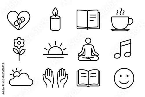 Emotional Healing Icons. Outline icon set of emotional healing after heartbreak: heart with bandage, candle,