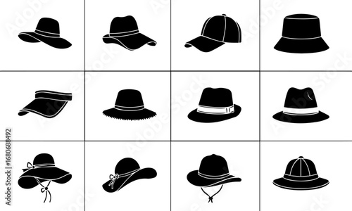Collection of Hats in Silhouette | Black and White Icon Set for Fashion Accessories, Design Elements and Clothing