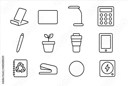 Minimalist Eco Gadgets. Outline icon set of minimalist eco gadgets: bamboo phone stand, cork desk mat, LED