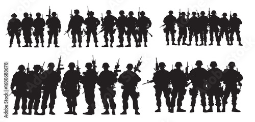  silhouette of group team army soldier standing isolated