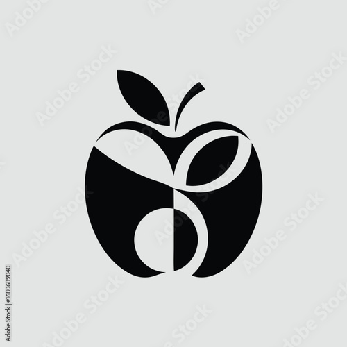 A stylized black and white logo of an apple with a leaf