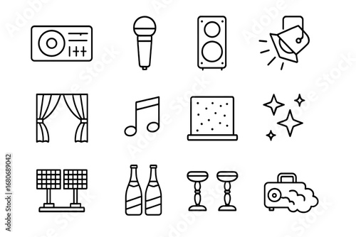 New Year's Icons. Outline icon set of New Year’s Eve stage setup: DJ booth, microphone, speaker, spotlight,