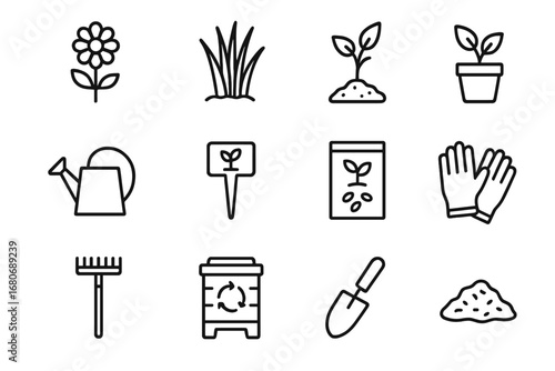 Native Plant Icon Set. Outline icon set of native plant gardening: wildflower, native grass, tree sapling,