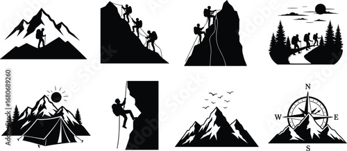 Silhouettes of mountain climbers, hikers, rock climbing, outdoor adventure, camping, nature exploration, compass navigation, mountain landscape, wilderness trekking, hiking journey
