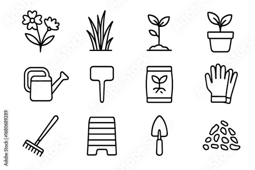 Native Plant Icon Set. Outline icon set of native plant gardening: wildflower, native grass, tree sapling,
