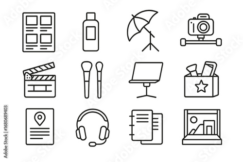 Commercial Shoot Icons. Outline icon set of commercial shoot planning: storyboard, product mockup, lighting