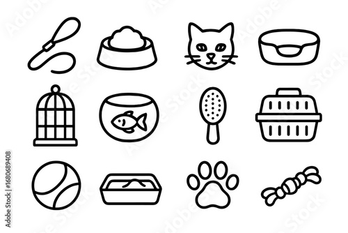 Pet Owner Icons. Outline icon set of pet owner role: dog leash, food bowl, cat icon, pet bed, birdcage,