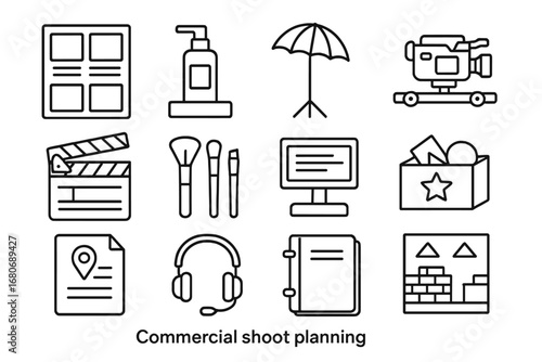 Commercial Shoot Icons. Outline icon set of commercial shoot planning: storyboard, product mockup, lighting