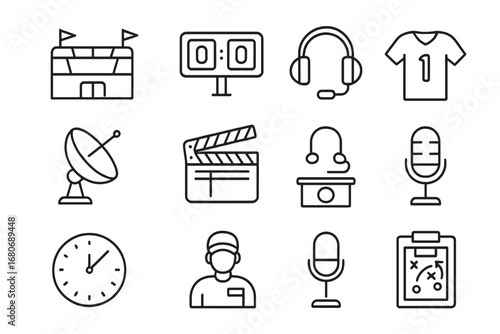 Sports Broadcast Icons. Outline icon set of sports broadcast planning: stadium icon, scoreboard, headset,
