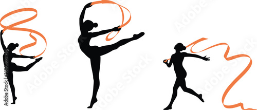 Silhouettes of rhythmic gymnasts performing with orange ribbons, elegant dance, flexibility, artistic sports, movement, grace, competition, fitness, choreography.