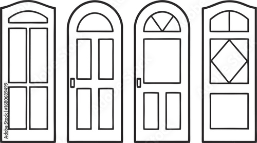 Four different door styles, showcasing architectural design, vintage charm, and classic appeal in a simple line drawing