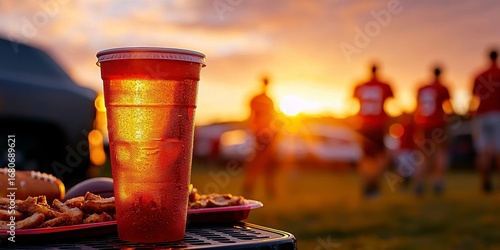 Football tailgate scene with food and drinks before. Gridiron pregame gathering victuals beverage enjoyment festive occasion sporty celebration outdoor recreation nourishment