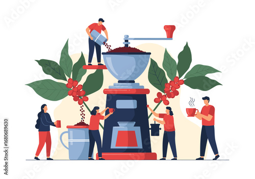 Illustrating the process of fresh coffee grinding and brewing by a team of people