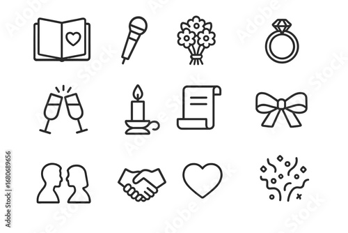 Modern Vow Icon Set. Outline icon set of modern vow exchanges: vow book, microphone, bouquet, ring, champagne,