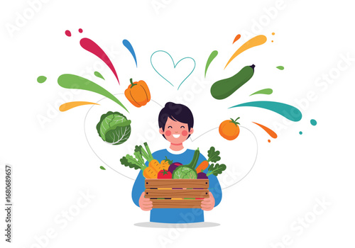 A happy person holding a crate full of fresh healthy vegetables and fruits spreading vibrant colors