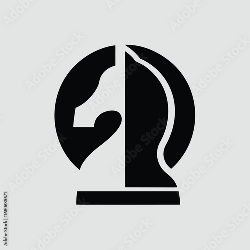 Black and white chess knight piece logo with circular design element