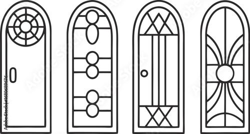 Four arched door designs, showcasing vintage and decorative elements in a simple line drawing, ideal for architectural projects