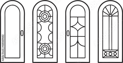 Collection of arched doors, showcasing various architectural styles and decorative elements in a simple black and white design