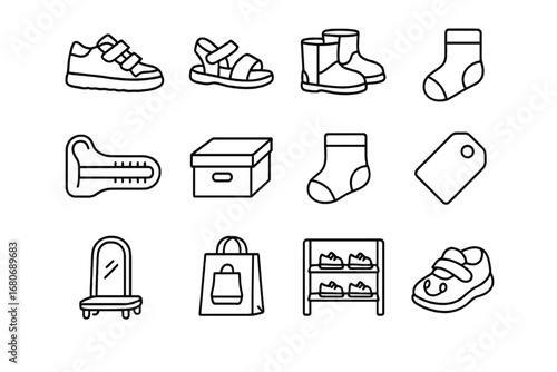 Kids Shoe Icons. Outline icon set of kids shoe fitting: children’s sneakers, sandals, boots, measuring tool,