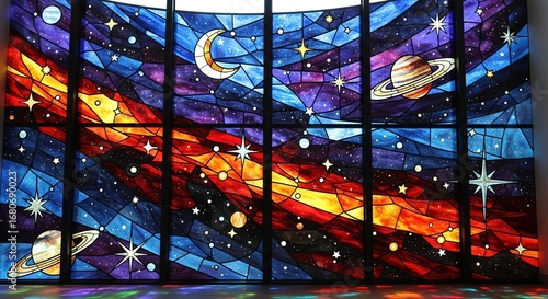 Celestial Stained Glass Window Depicting a Cosmic Nebula with Pl