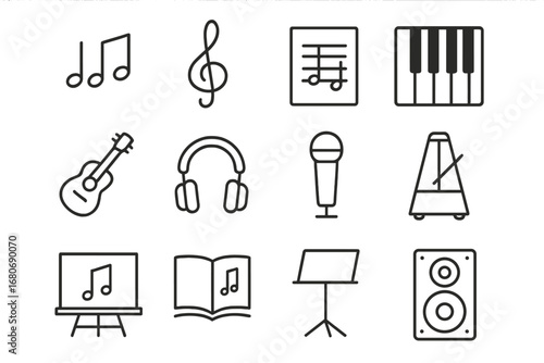 Music Education Icons. Outline icon set of music education: music notes, treble clef, sheet music, piano keys,