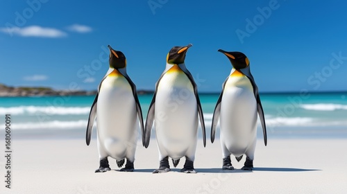 Three king penguins walking to the sea on a sandy beach