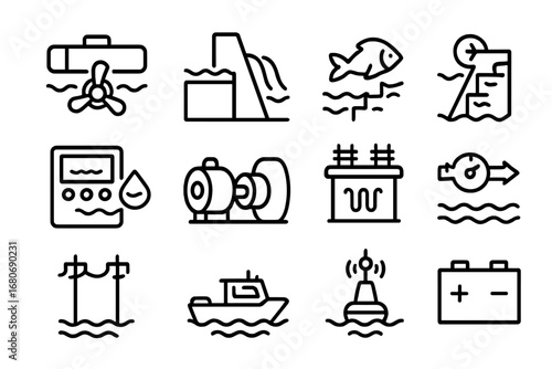 Hydropower Icons Grid. Outline icon set of river-based hydropower: floating turbine, small dam, fish ladder,