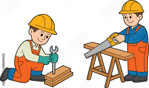 Happy construction workers wearing helmets and gloves using wrench and saw, carpentry work, teamwork, safety, building, manual labor skills.