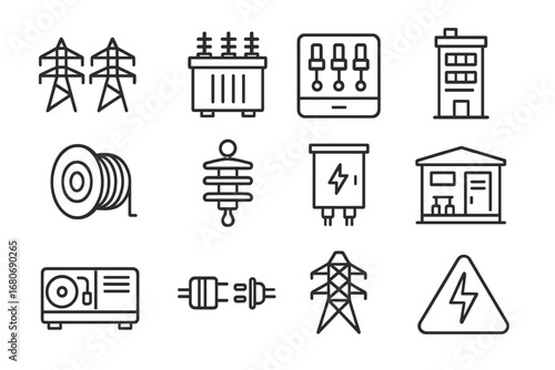 Hydropower Icon Set. Outline icon set of hydropower transmission systems: high-voltage lines, transformer,