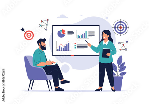 Business analytics presentation meeting discussing growth strategies and financial performance data