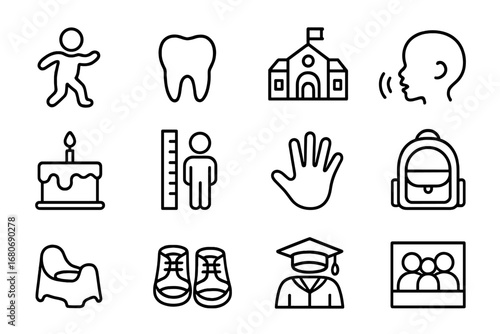 Parenting Milestone Icons. Outline icon set of parenting milestones: first steps, first tooth, first day of
