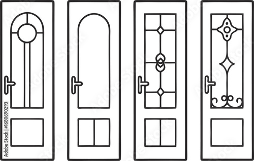 Collection of four different front doors, showcasing various architectural styles and decorative elements in a line art style
