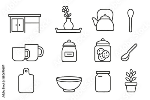 Kitchen Icon Set. Outline icon set of kitchen counter styling: countertop, decorative tray, flower vase, tea