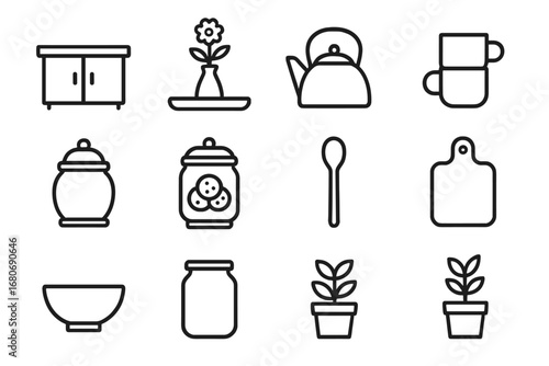 Kitchen Icon Set. Outline icon set of kitchen counter styling: countertop, decorative tray, flower vase, tea