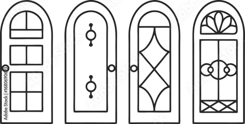 Four arched doors, each with unique decorative glass panels, showcasing vintage architectural design in a simple line drawing