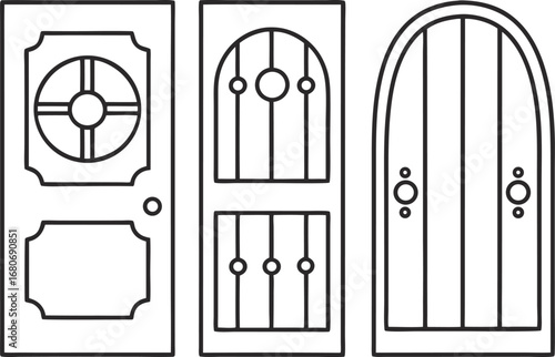 Three different fairy tale doors fantasy entrance with decorative elements line art illustration for coloring book