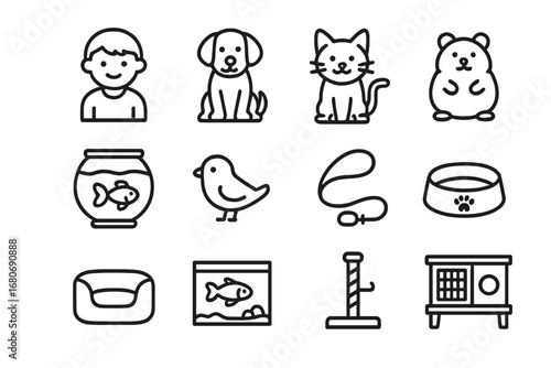Kids and Pets Icons. Outline icon set of kids and pets: dog, cat, hamster, goldfish, bird, leash, food bowl,