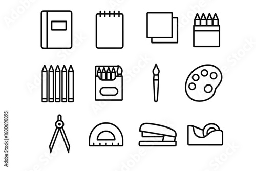 School Stationery Icons. Outline icon set of school stationery items: notebook, spiral notepad, sticky notes,