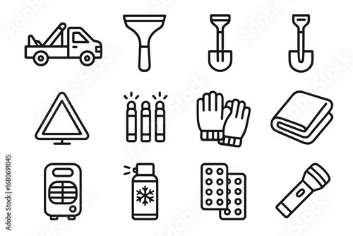 Winter Roadside Essentials. Outline icon set of winter roadside assistance: tow truck, ice scraper, snow brush