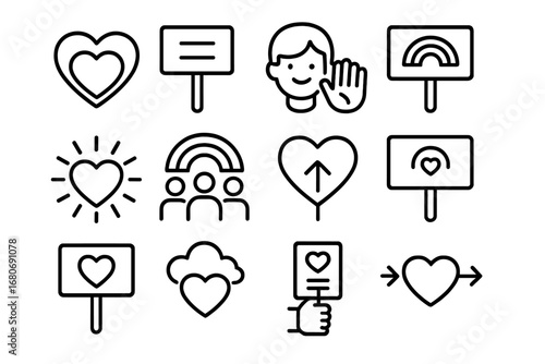Pride Slogan Icons. Outline icon set of pride parade slogans: love is love, equality for all, be yourself,