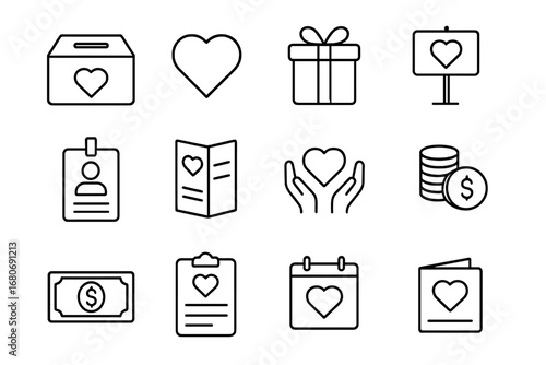 Charity Donation Icons. Outline icon set of planning charitable donations: donation box, heart symbol, gift