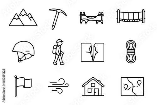 Alpine Icons Set. Outline icon set of high-altitude rope bridges: snowy peaks, ice axe, crampons, rope bridge,