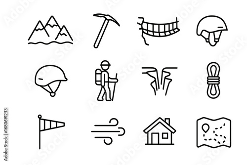 Alpine Icons Set. Outline icon set of high-altitude rope bridges: snowy peaks, ice axe, crampons, rope bridge,