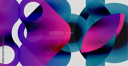 Abstract fluid shapes overlap, creating vibrant purple, blue gradients. Modern design feels energetic, dynamic. Minimal text present.