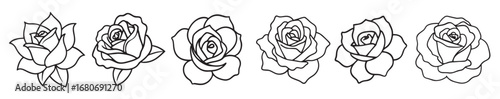 Set of outline black and white roses isolated on white
