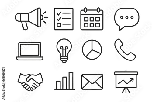 Crisis Communication Icons. Outline icon set of crisis communication planning: loudspeaker, checklist,