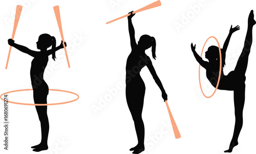 Silhouette of rhythmic gymnasts with hoop and clubs, performing elegant poses, flexibility and balance in artistic gymnastics routine.