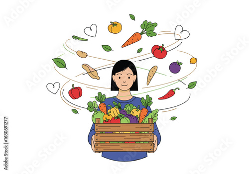 A person holds a wooden crate filled with fresh organic vegetables and fruits surrounded by a swirl of healthy food items symbolizing a balanced diet and wholesome nutrition