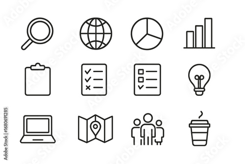 Market Research Icons. Outline icon set of market research analysis: magnifying glass, globe icon, pie chart,