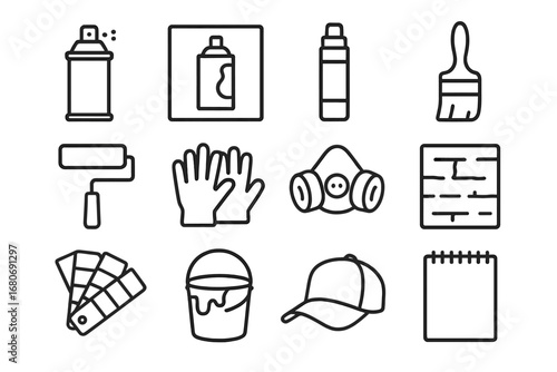 Graffiti Art Tools Icons. Outline icon set of graffiti art tools: spray paint can, stencil, marker pen,